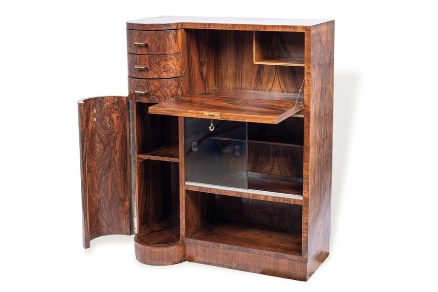 Antique Art Deco Burlwood Secretary Desk Cabinet, 1930s