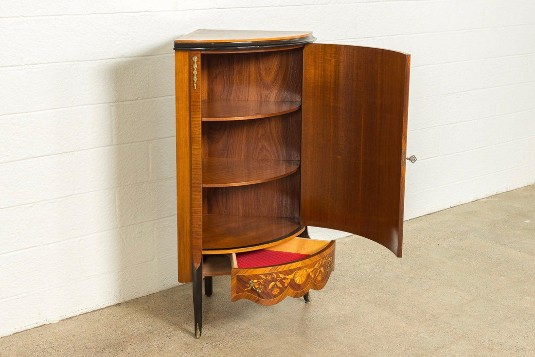 Antique Art Deco Wood Corner Cabinet with Floral Inlay Design, 1920s