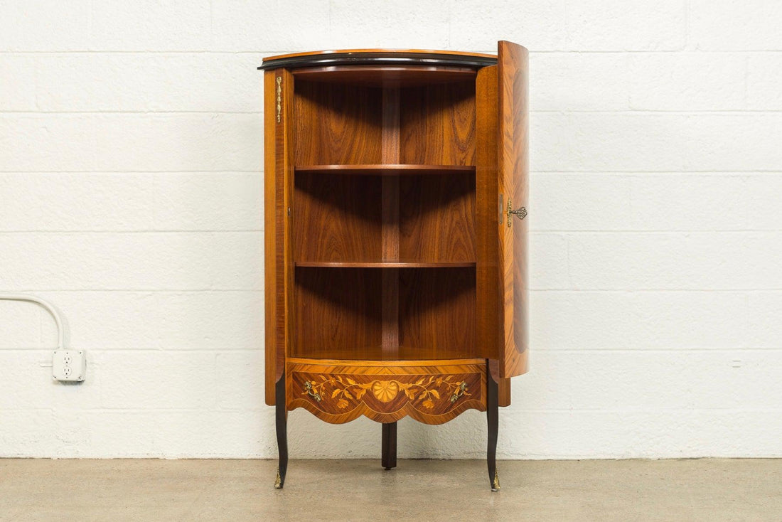 Antique Art Deco Wood Corner Cabinet with Floral Inlay Design, 1920s