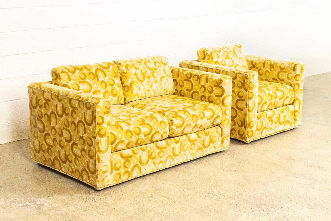 Mid Century Mod 1970s Yellow Loveseat and Lounge Chair Set