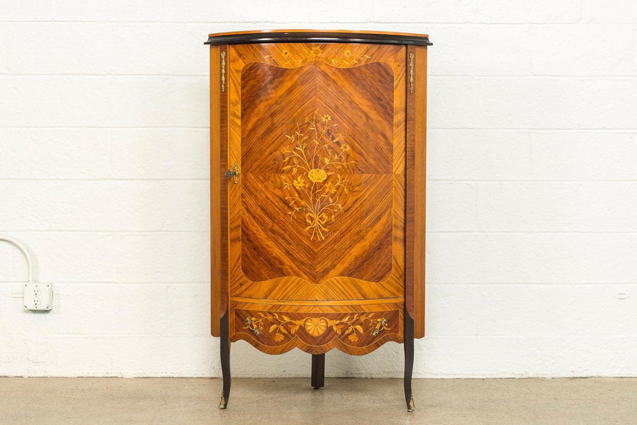 Antique Art Deco Wood Corner Cabinet with Floral Inlay Design, 1920s