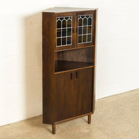 Vintage Mid Century Danish Modern Teak Stained Glass Corner China Cabinet