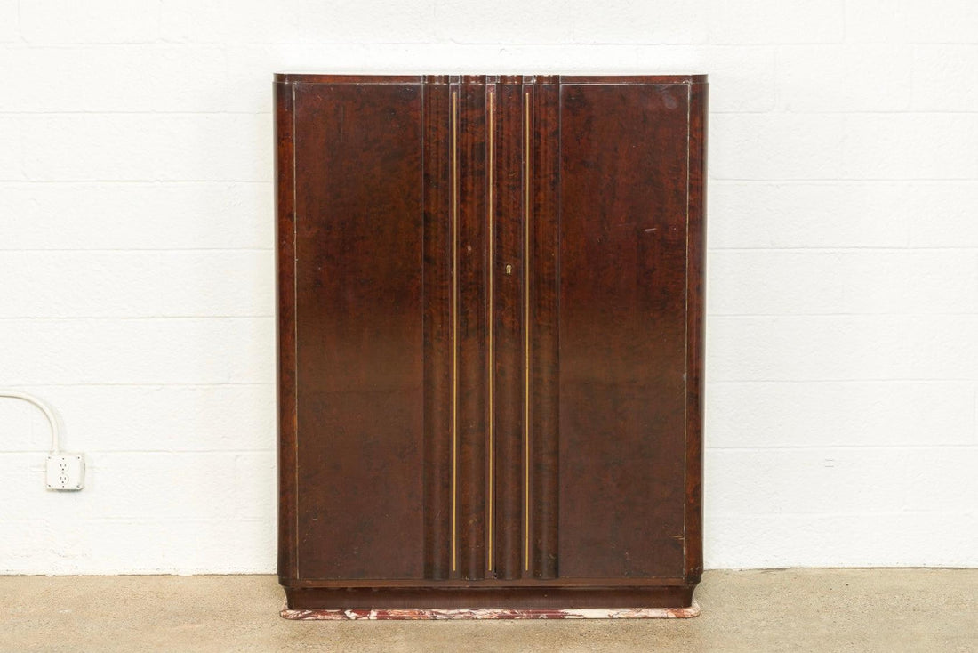 Exceptional Antique Art Deco Burl Wood Bar Cabinet with Marble Base, 1920s