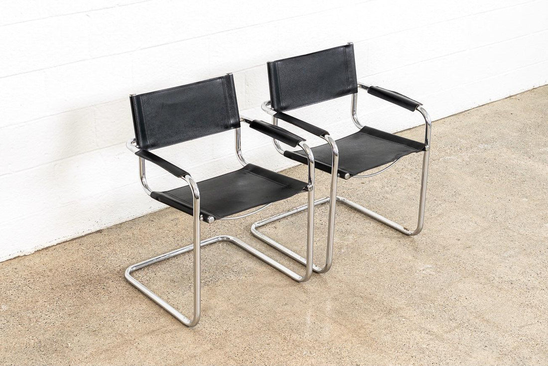 Vintage Pair of Mid Century Bauhaus Mart Stam Black Leather and Chrome Cantilever Arm Chairs