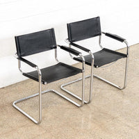 Vintage Pair of Mid Century Bauhaus Mart Stam Black Leather and Chrome Cantilever Arm Chairs