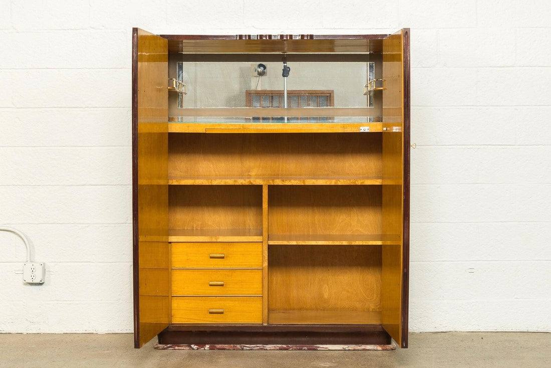 Exceptional Antique Art Deco Burl Wood Bar Cabinet with Marble Base, 1920s