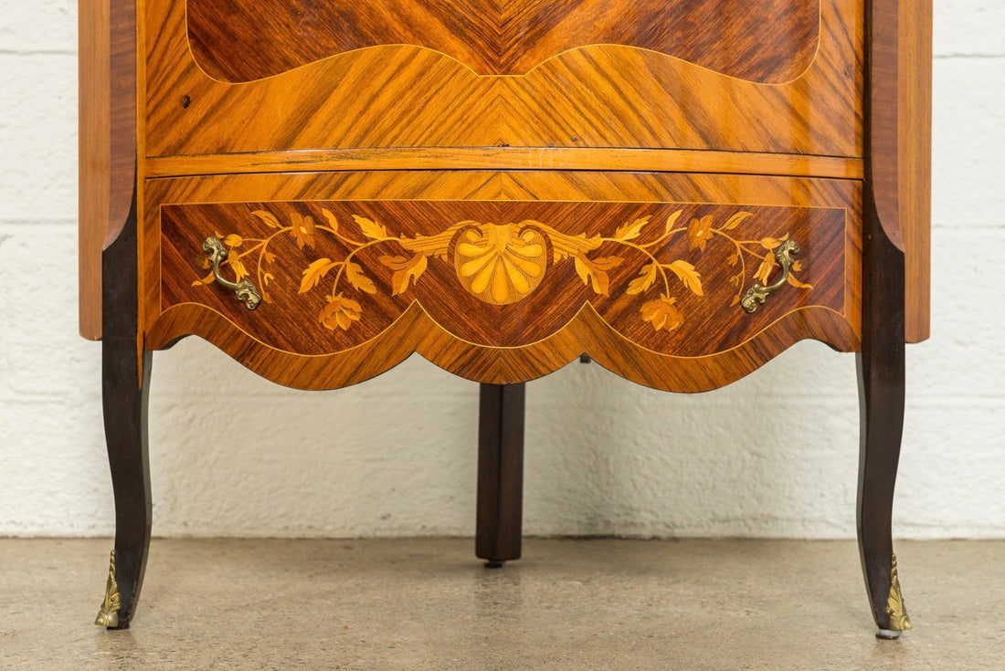 Antique Art Deco Wood Corner Cabinet with Floral Inlay Design, 1920s