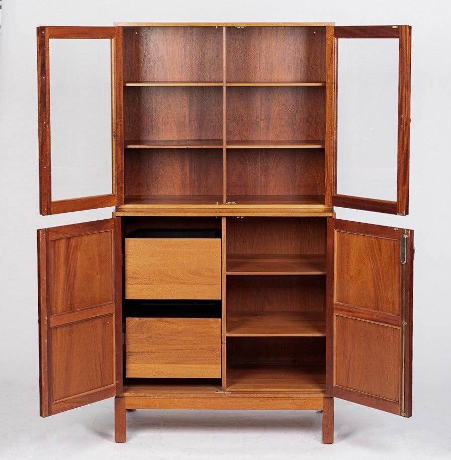 Matching Mid Century Danish Wood Storage Cabinets with Glass Doors & File Drawers