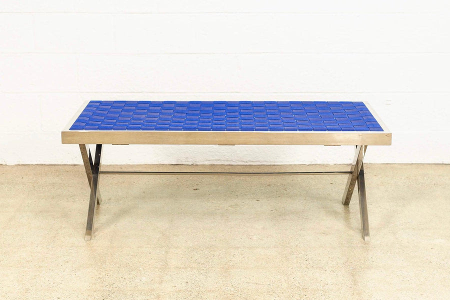 Mid Century Milo Baughman Style Chrome and Blue Strap Bench