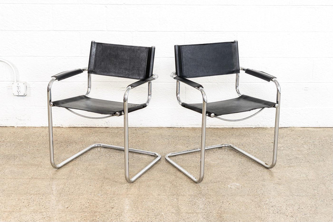 Vintage Pair of Mid Century Bauhaus Mart Stam Black Leather and Chrome Cantilever Arm Chairs