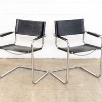 Vintage Pair of Mid Century Bauhaus Mart Stam Black Leather and Chrome Cantilever Arm Chairs