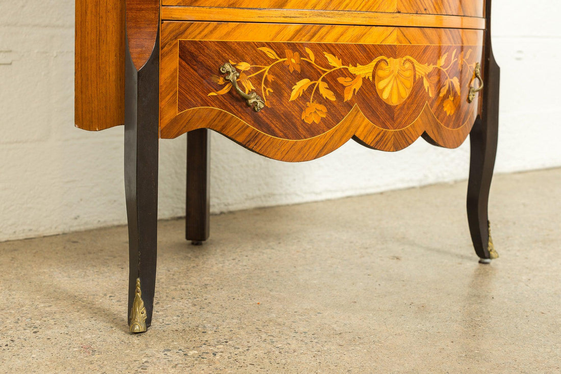 Antique Art Deco Wood Corner Cabinet with Floral Inlay Design, 1920s