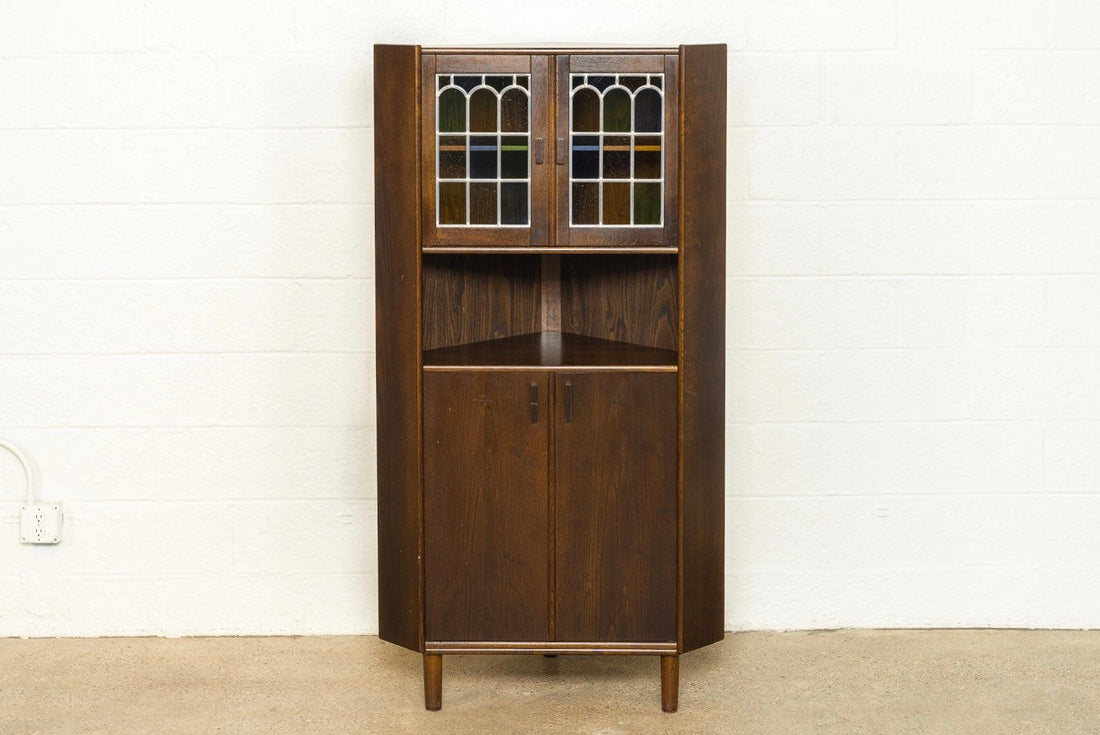 Vintage Mid Century Danish Modern Teak Stained Glass Corner China Cabinet