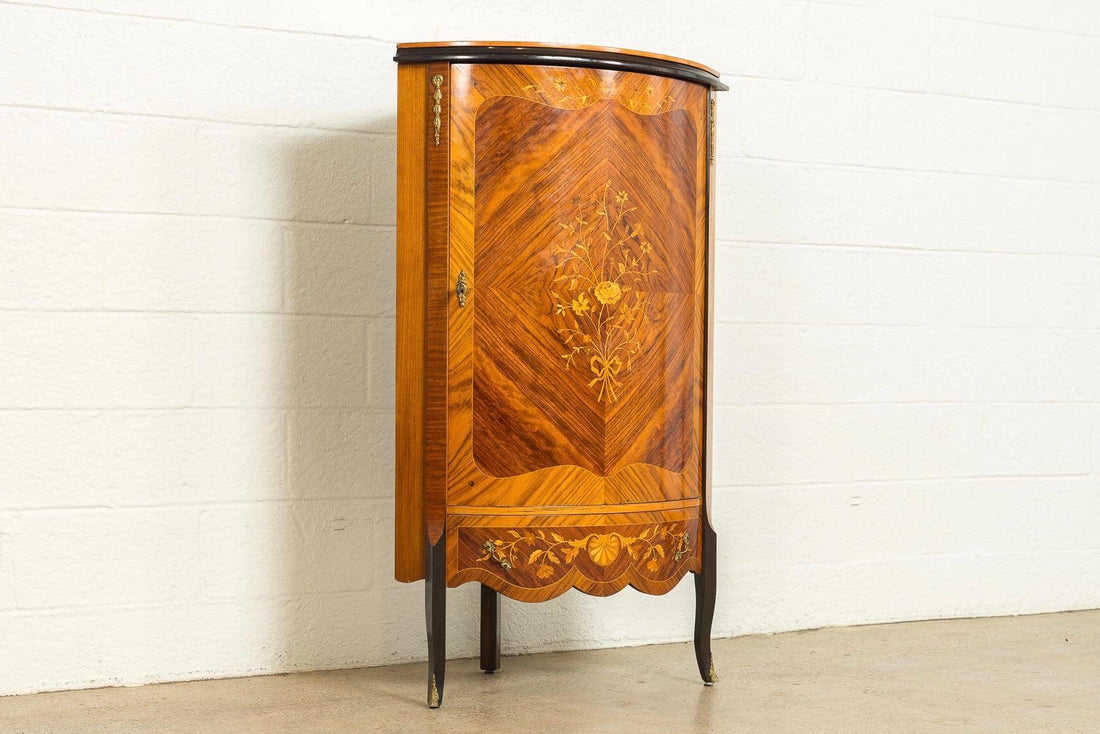 Antique Art Deco Wood Corner Cabinet with Floral Inlay Design, 1920s