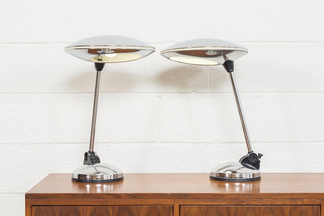 Pair of Vintage Mid Century Italian Modern Polished Chrome Table Lamps
