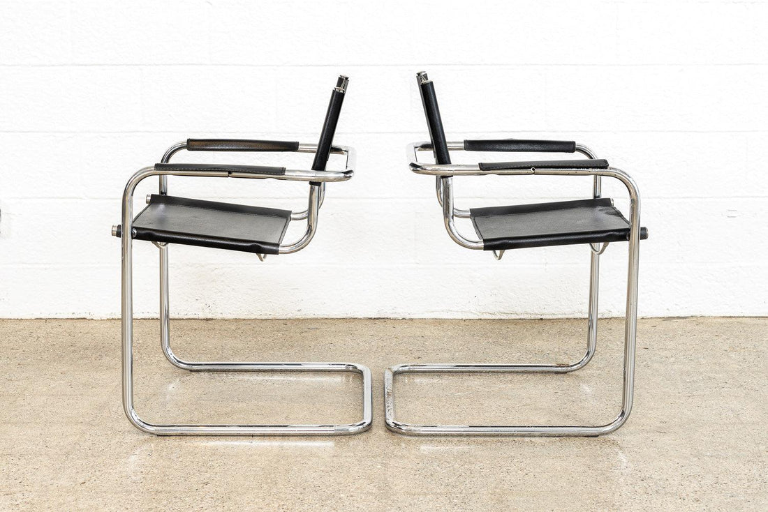 Vintage Pair of Mid Century Bauhaus Mart Stam Black Leather and Chrome Cantilever Arm Chairs