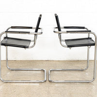 Vintage Pair of Mid Century Bauhaus Mart Stam Black Leather and Chrome Cantilever Arm Chairs