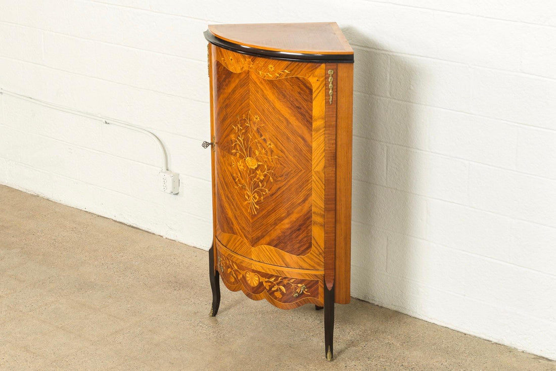 Antique Art Deco Wood Corner Cabinet with Floral Inlay Design, 1920s