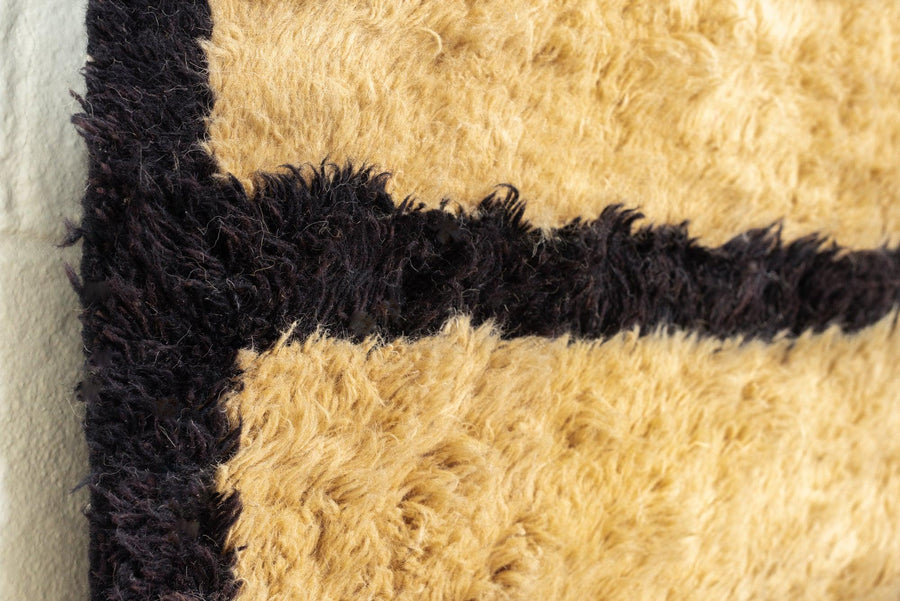 Vintage Turkish Tulu Beige and Black Striped Shaggy Wool Floor Rug, 5’ x 8’