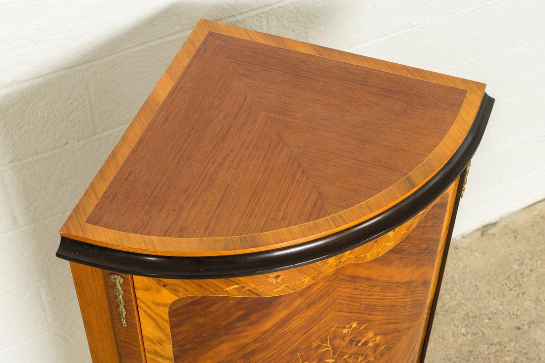 Antique Art Deco Wood Corner Cabinet with Floral Inlay Design, 1920s