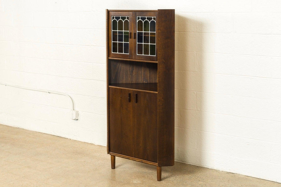 Vintage Mid Century Danish Modern Teak Stained Glass Corner China Cabinet