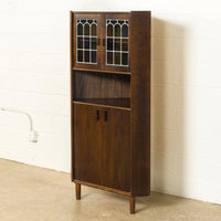 Vintage Mid Century Danish Modern Teak Stained Glass Corner China Cabinet