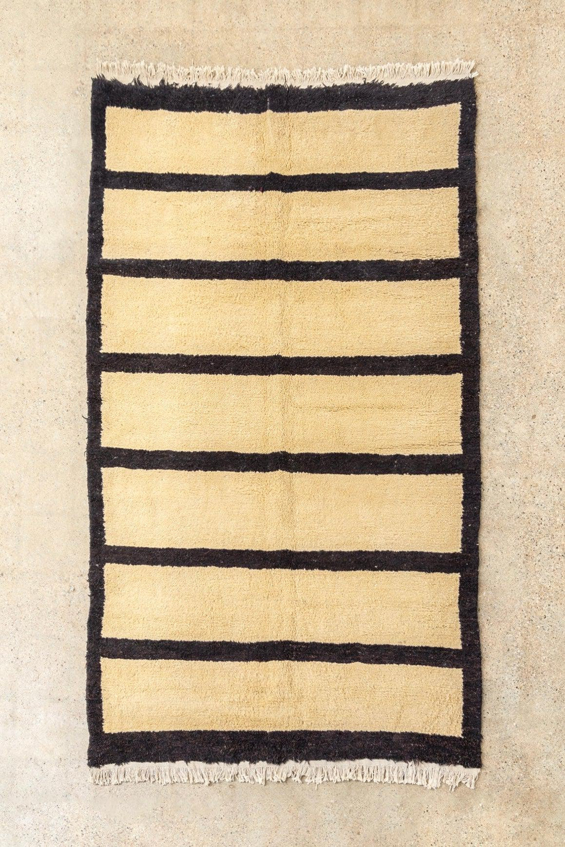 Vintage Turkish Tulu Beige and Dark Brown Striped Wool Floor Rug, 5’ x 8’