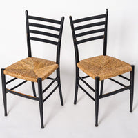 Vintage Mid Century Gio Ponti Leggera Style Black Wood and Rush Seat Side Chairs