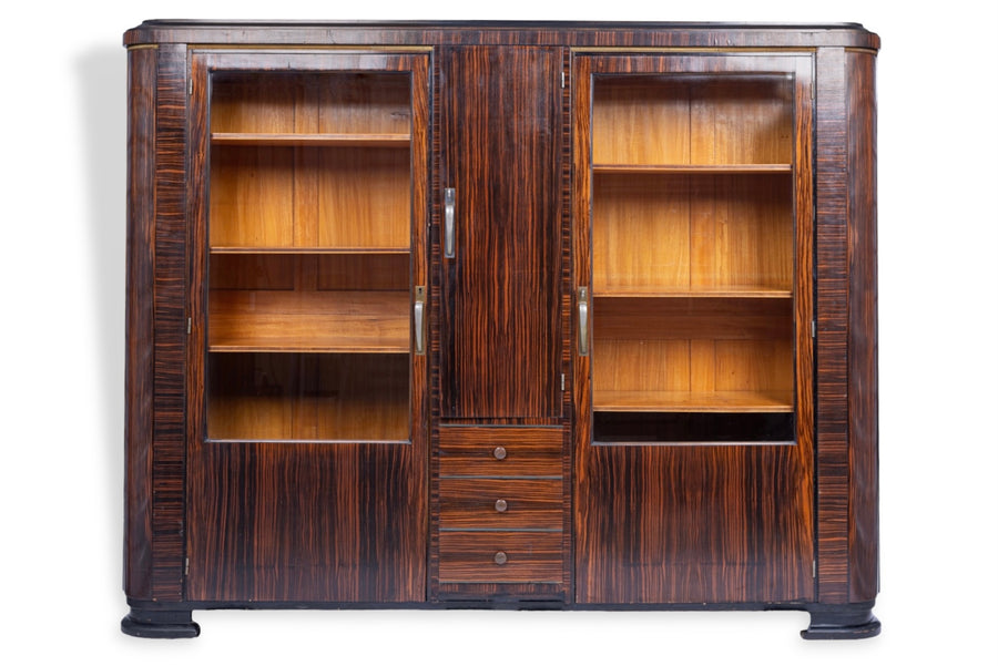 Antique Art Deco Zebra Wood and Glass Display Cabinet, 1930s