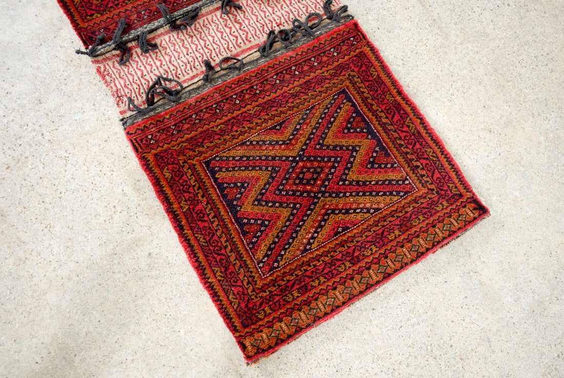 Antique Red Afghan Baluchistan Wool Tribal Saddlebag Rug