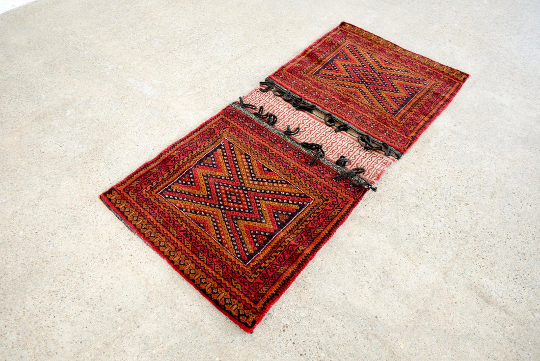 Antique Red Afghan Baluchistan Wool Tribal Saddlebag Rug