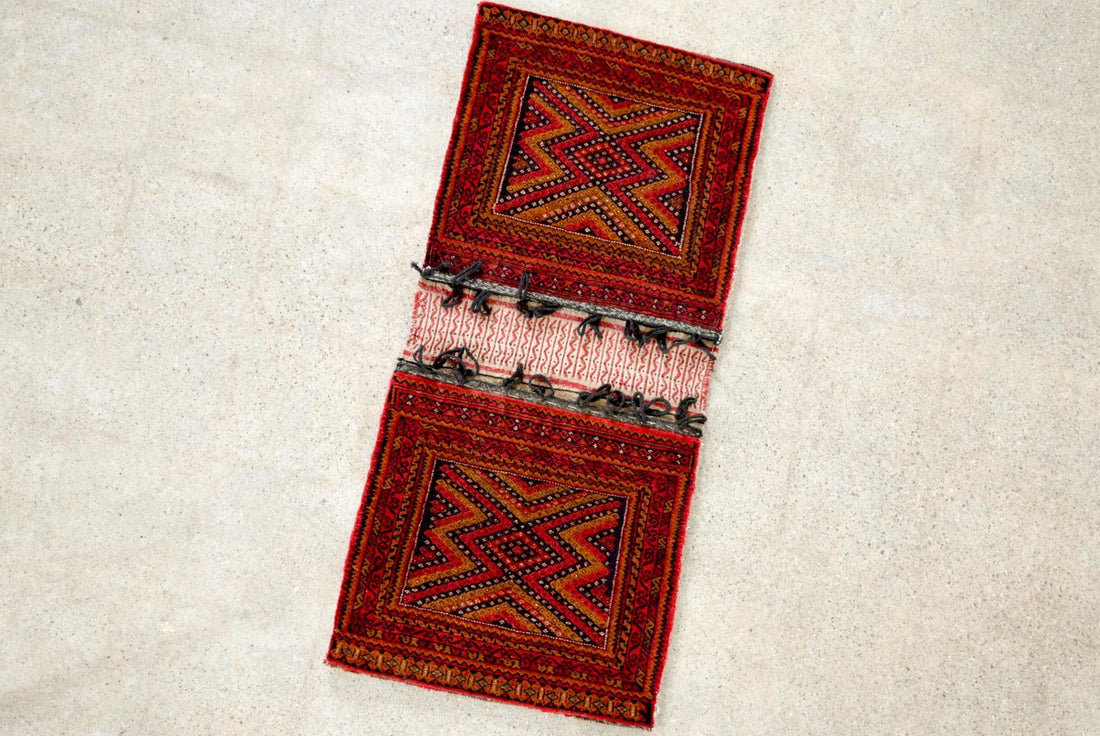 Antique Red Afghan Baluchistan Wool Tribal Saddlebag Rug