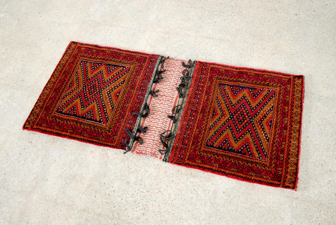 Antique Red Afghan Baluchistan Wool Tribal Saddlebag Rug