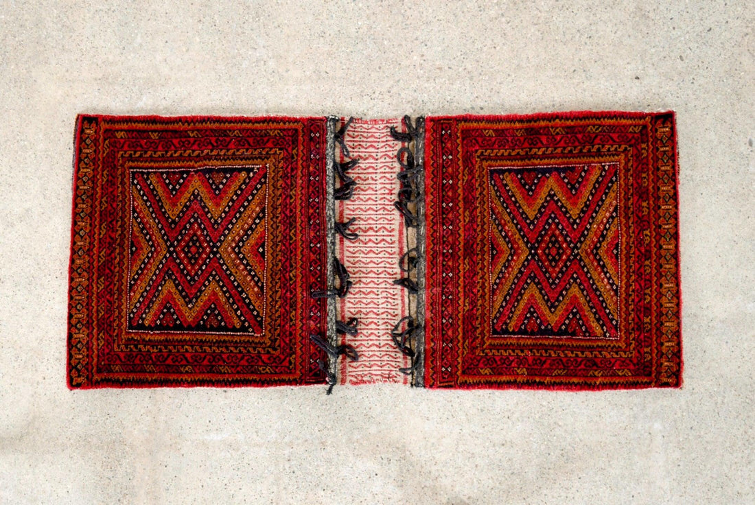 Antique Red Afghan Baluchistan Wool Tribal Saddlebag Rug