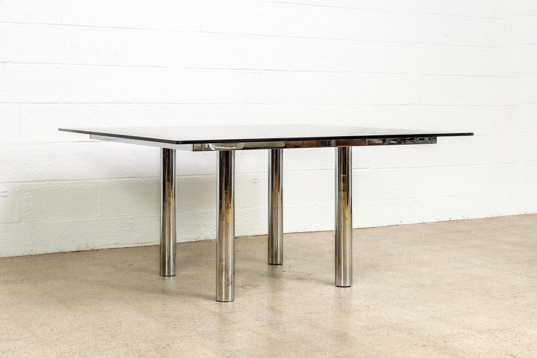 Mid Century Tobia Scarpa for Knoll Andre Square Glass & Chrome Dining Table